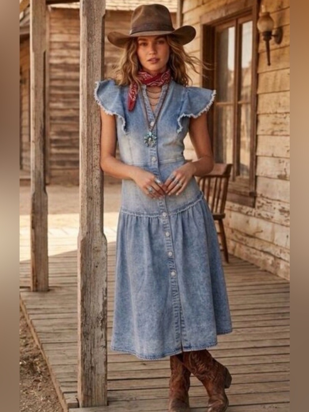 NWOT EN Saison Denim Button Down Flutter Sleeve Midi Dress Blue M Western